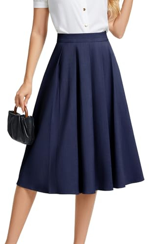 DRESSTELLS High Waist Pleated Midi Skirt for Women UK, Flowy A-Line Knee-Length Skirt, 2026 Spring Fashion Dates Bussiness Office Uniform, Navy S