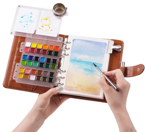 Fuumuui Travel Watercolour Paint Set 36 Colors PU Leather 20 Sheets | Watercolour Sketchbook Set, Cotton Watercolour Paper, Dual-Tip Travel Brush, Metal Clip for Artists Painters Students
