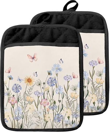 GOOZHO Butterfly Floral Pot Holders with Pockets, Cottagecore Wildflower Botanical Oven Pot Holders Heat Resistant Oven Mitts Hot Pads for Kitchen Baking Cooking