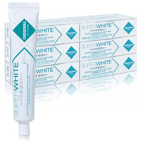 SUPERWHITE - Zahnpasta Original Whitening und Anti-Plaque mit Bicarbonat – Minzgeschmack – Packung mit 12 Zahnpasten 75 ml