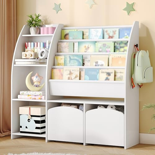 Hzuaneri Kinderregal mit Zeitungsständer, Bücherregal Kinder mit 2 Säulen, 4 Ablagen, Spielzeugregal, Kinder mit Aufbewahrungsbox, für Kinderzimmer, Wohnzimmer 30 x 105 x 100 cm, Weiß KB12003W