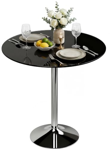 HOMCOM Round Bar Table with Steel Frame for 4, 70 x 70 x 75.5cm, Black | Small Round Dining Table, Tempered Glass Top, Easy Assembly, Breakfast Bar, Dining Room