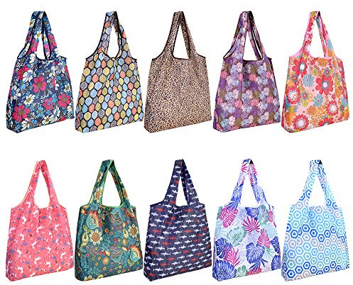 10-pack återanvändbara shoppingväskor för livsmedel, SZUAH vikbara shoppingkassar matkasse med bifogad påse, maskintvättbar miljövänlig., blanda färg, Large