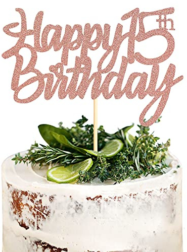 Sumerk Rose Gold Glitter Happy 15th Birthday Cake Topper 15th Cake Topper for Birthday Anniversary Party Decorations - Pack of 1
