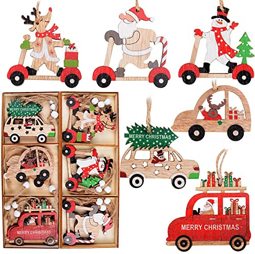 18 pz Ciondoli Pendenti Natalizi in Legno Decorazione per Albero di Natale Ornamenti da Appendere 6 Stili con 2pz Scatole Decorativi Addobbi Festa