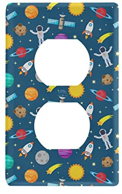 Astronauts, Rocket, Planets, Sun, Moon in Blue Space Galaxy Space Duplex Outlets Print Toggle Wall Plate, Switch Plate Cover for Living Room Bedroom Bathroom Office and School