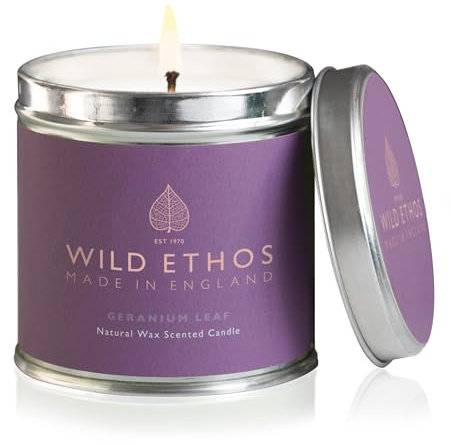 Wild Ethos Naturals Premium Scented Natural Wax Tin Candle - Geranium Leaf Scent - Hand-Poured in UK - Burn Time 40+ Hours - Natural Ingredients for Less Smoke & Slow Burn