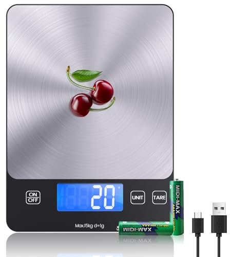 【Ricaricabile & 15KG】 Bilancia Cucina Digitale, USB C Elettronica Bilancia da Cucina,Alta Precisione 1g/0.1oz Bilancia Alimenti, Professionale con Funzione Tare, Batterie Incluse (food scale)