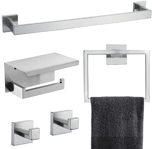 Juego de toallero de baño de níquel Cepillado, Accesorios de baño, Incluye toallero, Anillo de Toalla, Gancho y Soporte de Papel higiénico con Estante, Acero Inoxidable montado en la Pared