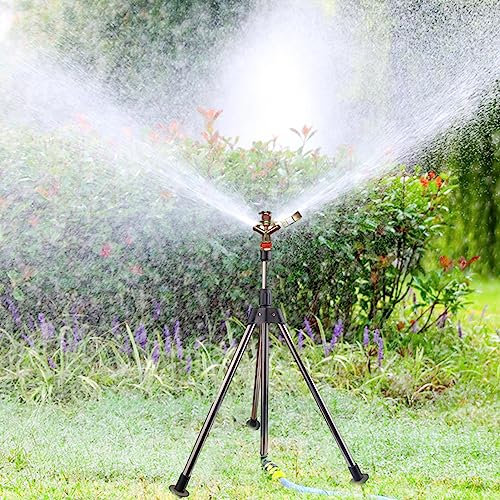 Aspersor giratorio para césped con trípode, aspersor rotativo, trípode para riego de jardín, ajuste de altura para invernadero, jardín, terraza, guardería y césped