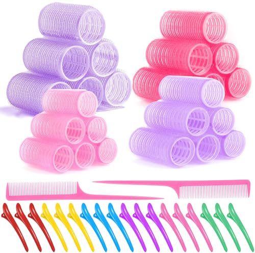 MOYKSRR 44 Stücke Lockenwickler Locken Set, 24 Stücke Selbsthaftend in 4 Größen Haftwickler und 18 Gefärbte Entenschnabelclips Und 2 Kämme, Groß Haarwickler für Langes, Mittelgroßes, Kurzes Haarl