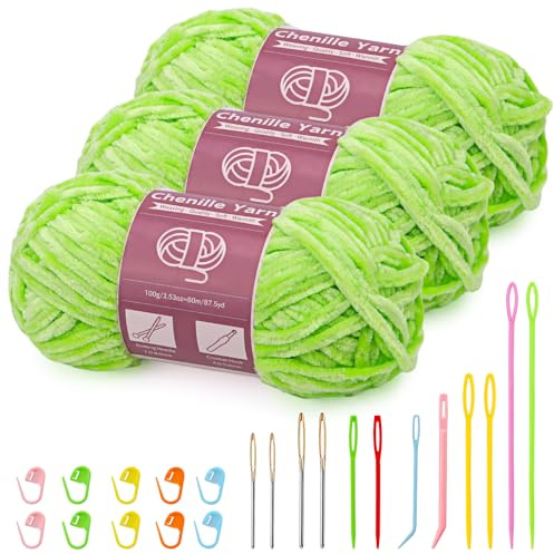 3 x 100 g (3 x 80 m) Chenille Garn, Samt Garn zum Stricken und Häkeln mit Nadeln mit großem Öhr für Kleidung, Decken, Taschen, Pullover, DIY-Strickprojekte (Gras-Grün)