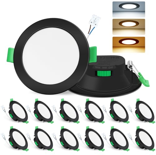ALUSSO 3CCT LED Downlights for Ceiling 7W 68mm Dimmable, Black 12 Pack | Ultra Slim IP44 Bathroom Spotlights, 3000K Warmwhite/4000K Neutralwhite/6500K Coolwhite Adjustable Recessed Ceiling Lights