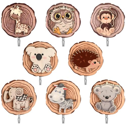 Collazoey 8 Pezzi Ganci Autoadesivi per Bambini, ganci in legno autoadesivi, appendiabiti per bambini a forma di animale, per bagno, camera dei bambini, cucina, asciugamani, cappelli (B)