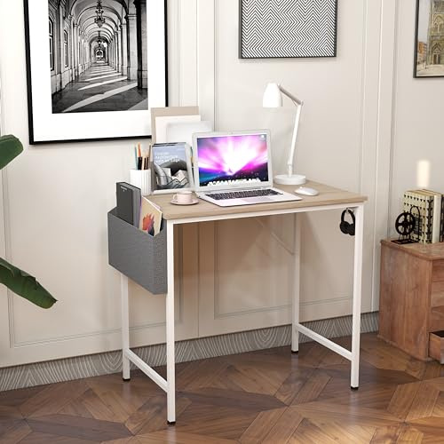 Panana Study Computer Desk Home Office Writing Small Desk, Modern Simple Style PC Table with Storage Bag and Headphone Hook, Sturdy Metal Frame (Oak, 80 x 50 cm)