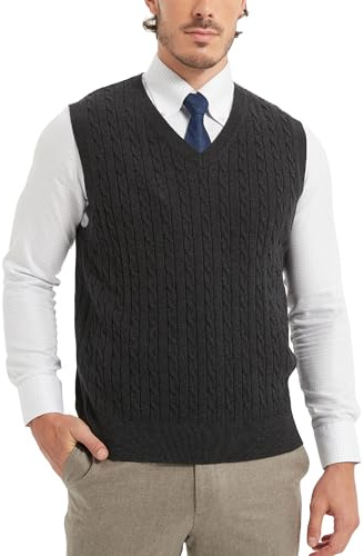 Kallspin Gilet en tricot pour homme en coton, col en V, tricot ajouré, sans manches, pull décontracté en tricot, charbon, M