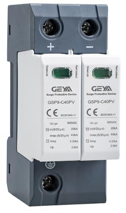 GEYA Solar PV lågspänning överspänningsskydd din skena 20KA-40KA överspänningsskydd blixtskydd DC (2P, DC600V)
