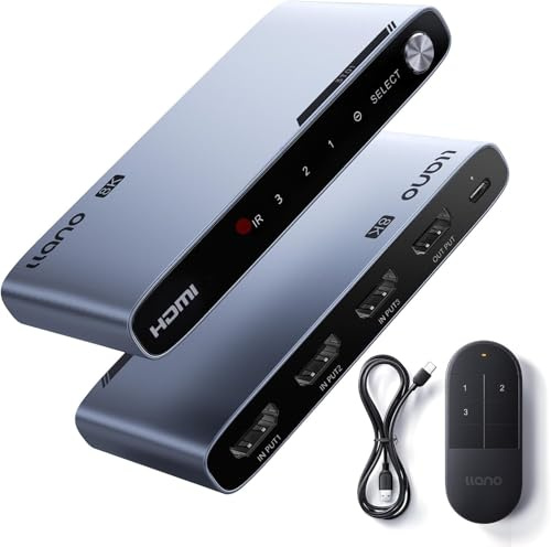 llano HDMI 2.1 Switch 8K@60Hz 3 in 1 Out mit IR Fernbedienung, Unterstützt 48Gbit/s, 4K@120Hz/ 240Hz, HDR10+, Dolby Atmos, CEC, Aluminiumlegierung Switch für Apple TV/PS5/Xbox/Roku/Fire Stick usw.