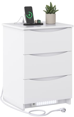 Brinlawb Table de Chevet Blanche avec lumières LED et Multiprise (2 Prises CA, 2 Ports USB) Table de Nuit Blanche avec 3 Tiroirs pour Salon, Chambre, Bureau, Montage Facile, 37x42x60 cm, Moderne Blanc