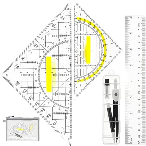 Geometri matematik kit geometri verktyg ritverktyg, stor och liten plast triangel med handtag, 20 cm linjal, svart cirkus nätpåse