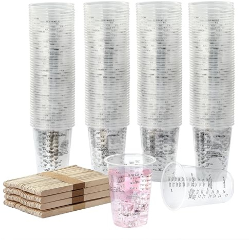 200PCS Resin Epoxy Mixing Cups, HIA 8oz Clear Plastic Paint Measuring Cups with 200pcs Wooden Stirring Sticks for Epoxy Resins, Mixing Paint, Pigments, Resins