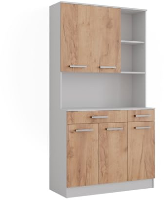 Vicco Buffet da cucina Raul, Rovere bianco/dorato, 100.1 x 188.5 cm con 5 porte e 2 cassetti, con ripiano aperto per dispositivi e spazio di archiviazione espandibile