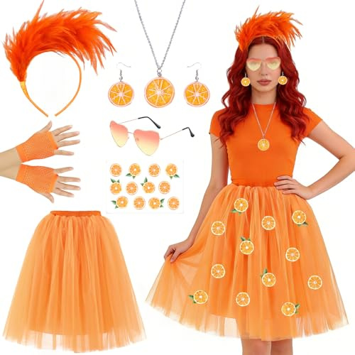 GOUYENG Gonna in Tulle,Gonna Tulle Donna,Accessori di Costumi Arancioni,Gonnas per Tutu in Tulles Elastico per Adulti,con Orecchini e Occhiali,per Carnevali,Costumi di Halloween,Festa a Tema