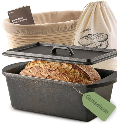 Praknu Rektangulär Gjutjärnsgryta för Brödbakning (28 × 12 cm) – Dutch Oven Set – Med Jäskorg och Brödpåse – Gryta med Lock – 3 L Gjutjärn