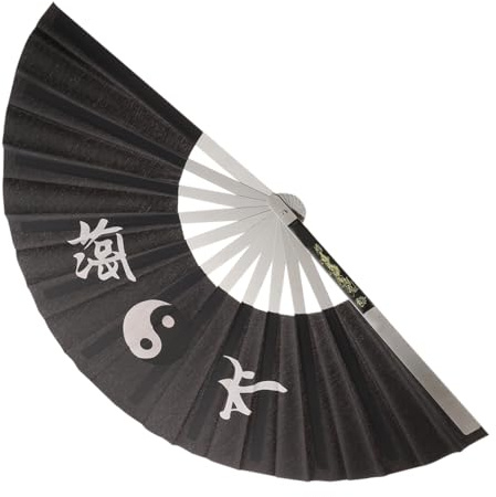 KICHOUSE Abanico Chino Plegable de Acero Inoxidable para Tai Chi y Artes Marciales, Ventilador de Mano Grande Negro para Baile, Entrenamiento y Espectáculos de Kung Fu, Objeto