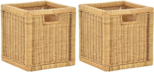 korb.outlet Set / 2 Regalkorb Honig ca. 28x29x30 mit Holzrahmen Rattan Schubfach Box zur Aufbewahrung Schrankkorb Griff