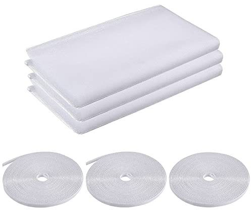 3 Pezzi Zanzariera per Finestra, 150 x 200CM Universale Rete Zanzariera con 3 Nastri Autoadesivi, Lavabili Protezione per Insetti Fai da Te Net della Finestra per Casa Ufficio (Bianco)