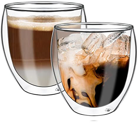 Vinsani ARC Double Walled Coffee Drink Glasses 380ml Set of 2 Heat Cold Resistant Minimalist Aesthetic Clear Borosilicate Glass Cup Latte Macchiato Cappuccino Dessert Ice Cream Hot and Cold Drinks