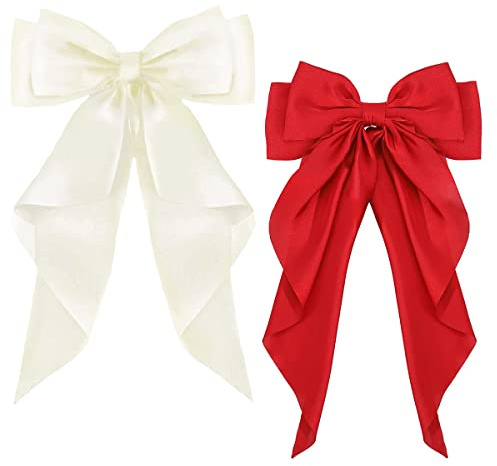 ZEVONDA Pack of 2 Big Bow Hair Clips - Solid Color Large Bowknot Hairpin Hair Clip with Long Silky Satin Tail Hair Barrettes Accessories for Girls Women, Milky White + Red