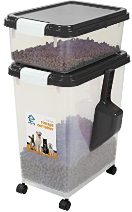 Livhome 3-Piece 50L Airtight Pet Food Storage Container Combo with Scoop and Treat Box for Dog Cat and Bird Food, Keep Pests Out, Translucent Body, Easy Mobility, Black