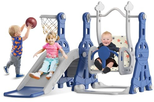 BIERUM 4 in 1 Toddler Slide and Swing Set, Baby Slide for Toddlers Age 1-2, with Basketball Hoop, Indoor Outdoor Toddler Playset Blue
