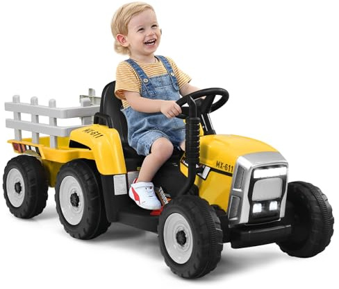 GOPLUS 12 V Elektrisk traktor för barn med släpvagn, 3-växlad elbil med fjärrkontroll, elektrisk bil med LED-ljus och musik och Bluetooth, 30 kg lastkapacitet, från