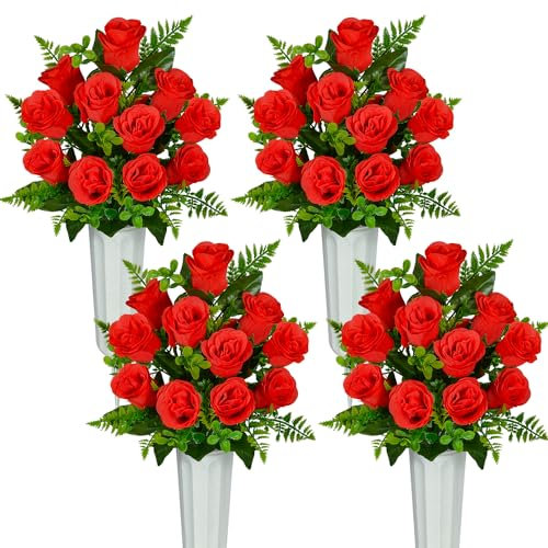 SIFOEL Artificial Cemetery Flowers with Vase, Artificial Rose Bouquet Grave Memorial Flowers for Cemetery Headstones Decoration (Red-4Pcs)