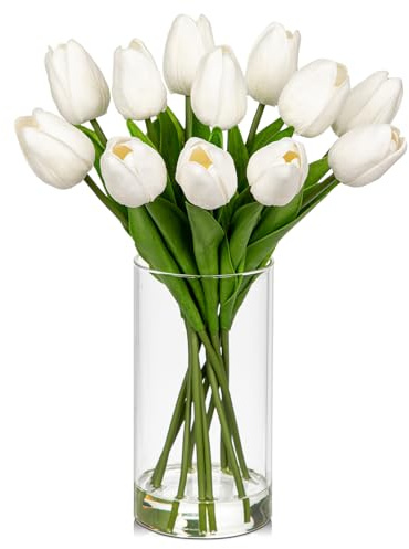Hollyone 12 tulipani finti bianchi, tulipani artificiali in vaso di vetro con acqua finta, 19,1 cm, fiori di tulipano veri al tatto, decorazione per centrotavola, casa, fattoria, resto, decorazione