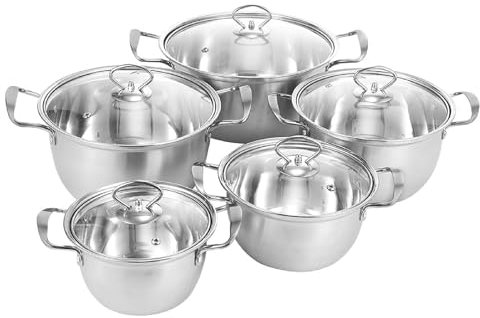 Set of 5 Stainless Steel Non-Sticks Pans Pots Cookware, 16cm, 18cm, 20cm, 22cm, 24cm, with Lids