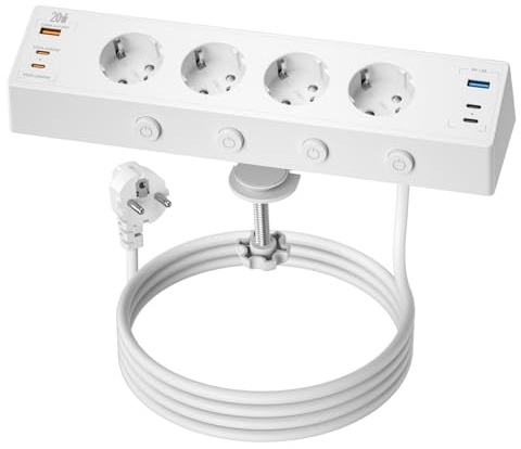 Ciabatta Multipresa da Tavolo con USB C 20 W, Multipresa USB con Interruttore Commutabile Singolarmente, Ciabatta Elettrica Multipresa con 4 USB C e 2 USB A, Cavo da 2M, Bianco