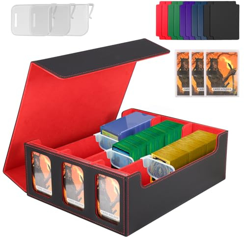 QCXWCJWD Trading Card Storage Box for MTG/TCG Cards, 1800+ PU Leather Commander Large Capacity Card Deck Case, Magnetic Closure Card Holder Fits for Magic Game Cards Sports Cards (RED)