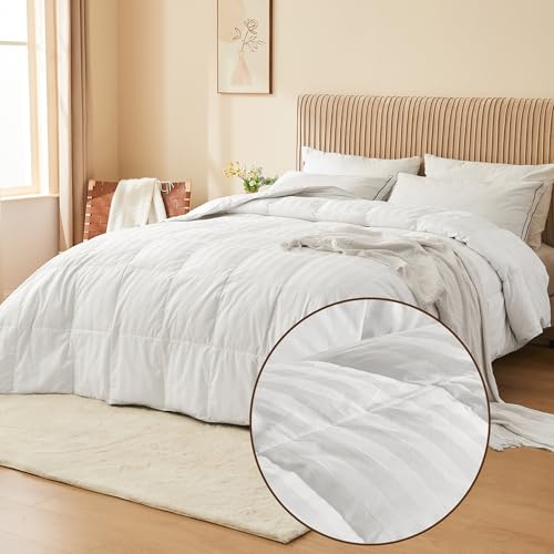 puredown® Goose Feather Down Comforter King Size - All Season Duvet Insert Ultra Fluffy Soft 100% Cotton Shell Cover, Luxurious Hotel Collection Comforters 500 Thread with Ties(Stripe White, 106x90'')