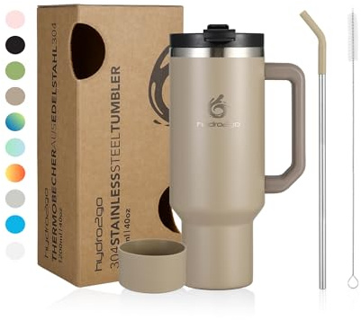 hydro2go Thermobecher mit Strohhalm – BPA-frei, Spülmaschinenfest, Hält Getränke 10H heiß & 12H kalt – Isolierbecher To Go 1200ml (Greige)