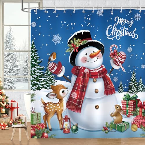 Bonhause Rideau de Douche Noël Bonhomme de Neige Cerf Pin Hiver Rideau de Bain Tissu Polyester Anti Moisissure Imperméable Lavable Rideau Salle de Bain 180 x 180 cm avec 12 Crochets pour Baignoire