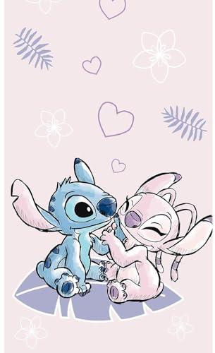 Jerry Fabrics Disney Lilo et Stitch, Serviette de Plage - Motif cœurs, Fleurs et Feuilles, 70 x 140 cm, 100% Coton