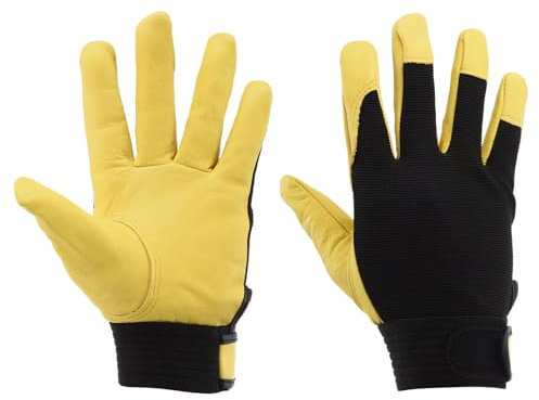 sourcing map Guanti da lavoro in pelle di capra con gancio e passante, guanti traspiranti per guida, giardinaggio, saldatura, costruzione, giallo, L, 1 paio