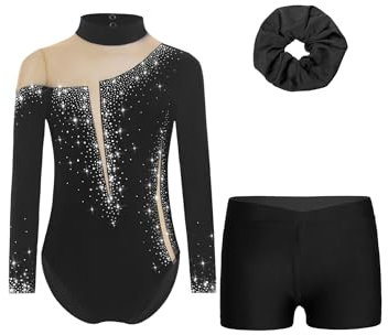 iEFiEL Flickors gymnastikdräkt med långärm, glitter, gymnastikdräkt med shorts och hårsnodd, barns konståkningskläder, danströja, B svart, 122-128