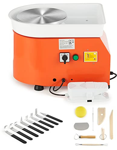 CREWORKS Torno de Alfarero Profesional 25cm Rueda de Cerámica con Mango Manual y Pedal de Pie 350W Torno para Ceramica Eléctrica Motorizada 300RPM Torno Alfareria Electrico para DIY Artesanía