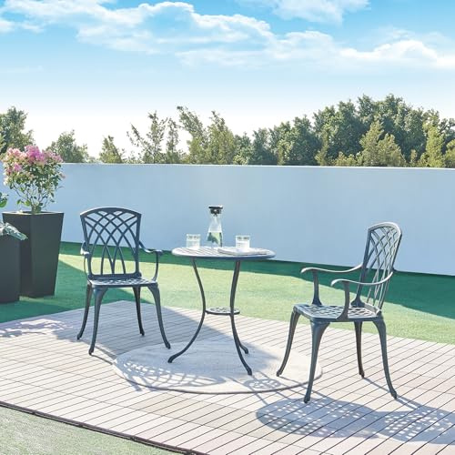 casa.pro Set de Bistrot 3 Pièces avec Table Ronde et 2 Chaises Ensemble de Meuble de Jardin Balcon Patio Terrasse Trou de Parasol Capacité 120 kg en Fonte d'Aluminium Gris Foncé avec Patine Verte
