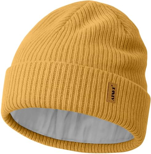 ATNKE Unisex Tejido Beanie Gorro, Elástico Grueso Cálido Forro Polar Diario Invierno Suave con Puños Lanoso Gorra Calavera Regalos para Hombre Papá y Mujer/Yellow